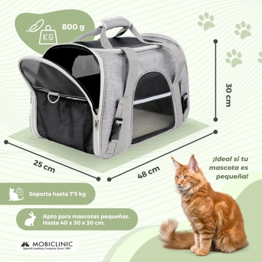 Bolsa de transporte para mascotas | Plegable | 48x25x30 cm | Ventilación | Banda para trolley | Doble asa | Bronco | Mobiclinic