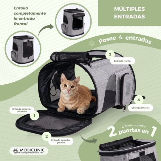 Bolsa de transporte para mascotas | Plegable | 30x25x40 cm | Ventilación | Bolsillos laterales | Doble asa | Thor | Mobiclinic