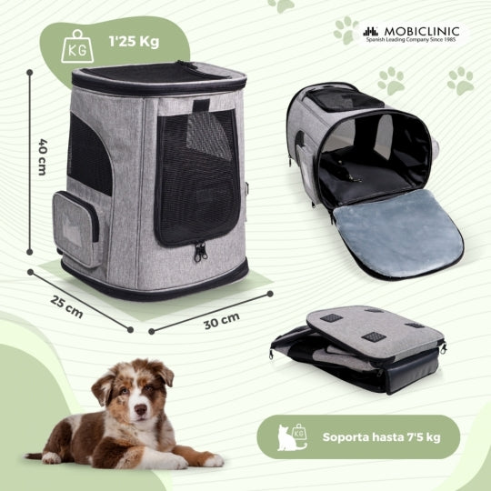Bolsa de transporte para mascotas | Plegable | 30x25x40 cm | Ventilación | Bolsillos laterales | Doble asa | Thor | Mobiclinic