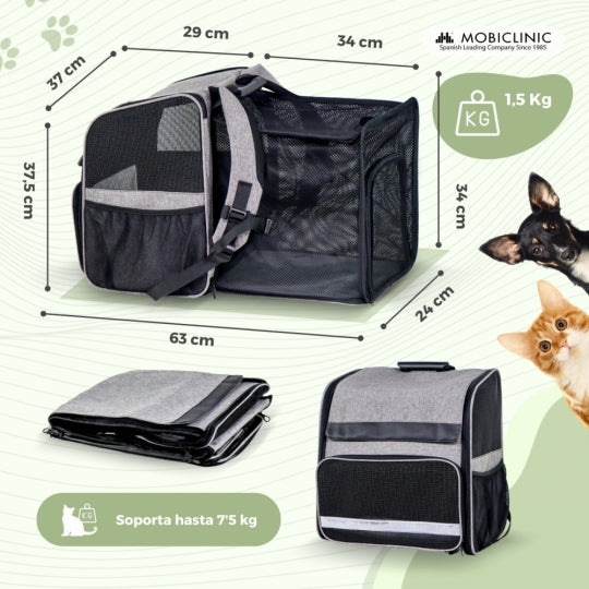 Bolsa de transporte para mascotas | Extensible | Plegable | 37x29x37.5 cm | Ventilación | Comedero + bolsas | Tula | Mobiclinic