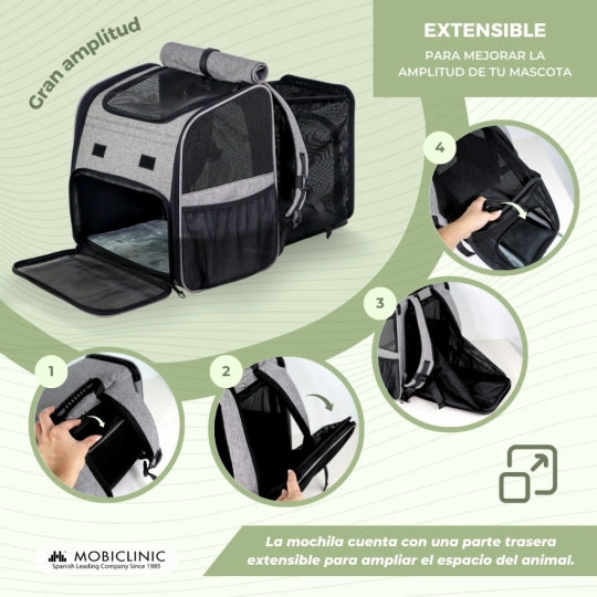 Bolsa de transporte para mascotas | Extensible | Plegable | 37x29x37.5 cm | Ventilación | Comedero + bolsas | Tula | Mobiclinic