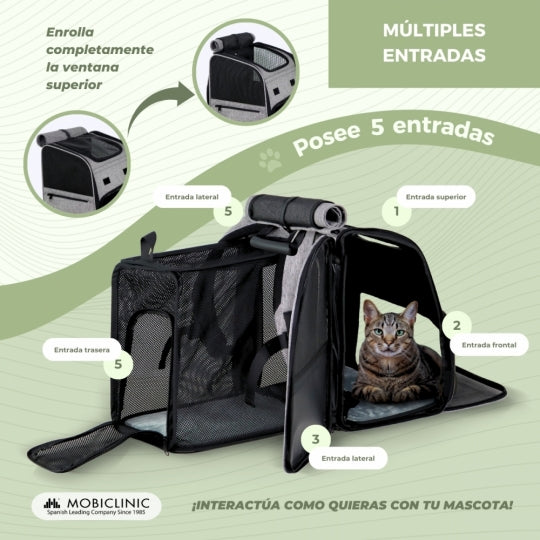 Bolsa de transporte para mascotas | Extensible | Plegable | 37x29x37.5 cm | Ventilación | Comedero + bolsas | Tula | Mobiclinic