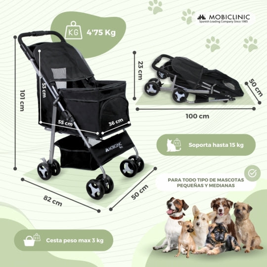 Carrito para perros | Plegable | Ruedas con freno 360º | 3 accesos | Con toldo | Cesta almacenaje y portavasos | Negro | Zuma | Mobiclinic