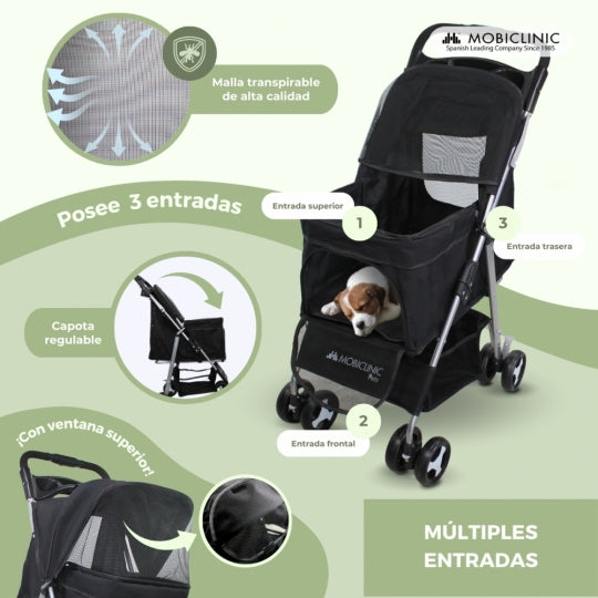 Carrito para perros | Plegable | Ruedas con freno 360º | 3 accesos | Con toldo | Cesta almacenaje y portavasos | Negro | Zuma | Mobiclinic
