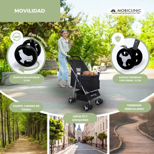Carrito para perros | Plegable | Ruedas con freno 360º | 3 accesos | Con toldo | Cesta almacenaje y portavasos | Negro | Zuma | Mobiclinic
