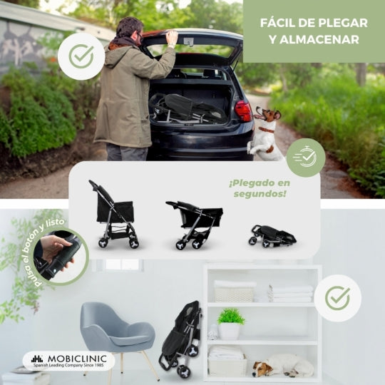 Carrito para perros | Plegable | Ruedas con freno 360º | 3 accesos | Con toldo | Cesta almacenaje y portavasos | Negro | Zuma | Mobiclinic