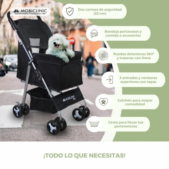 Carrito para perros | Plegable | Ruedas con freno 360º | 3 accesos | Con toldo | Cesta almacenaje y portavasos | Negro | Zuma | Mobiclinic