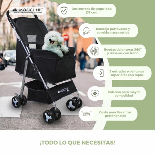 Carrito para perros | Plegable | Ruedas con freno 360º | 3 accesos | Con toldo | Cesta almacenaje y portavasos | Negro | Zuma | Mobiclinic