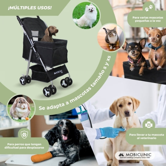 Carrito para perros | Plegable | Ruedas con freno 360º | 3 accesos | Con toldo | Cesta almacenaje y portavasos | Negro | Zuma | Mobiclinic