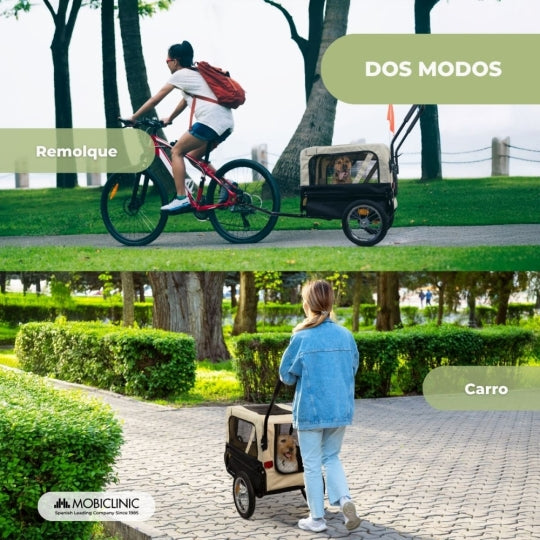 Remolque para perros y Carro de transporte | 2 x 1 | Cubierta impermeable | 40Kg | 600D Oxford | 123x67x100cm | Bark | Mobiclinic