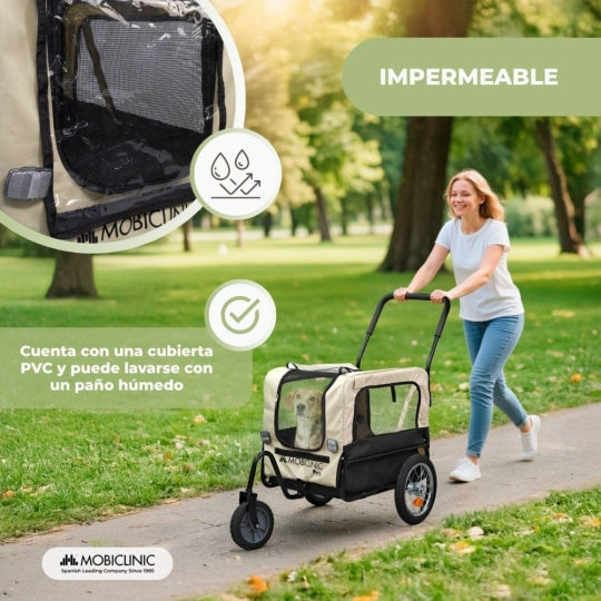 Remolque para perros y Carro de transporte | 2 x 1 | Cubierta impermeable | 40Kg | 600D Oxford | 123x67x100cm | Bark | Mobiclinic