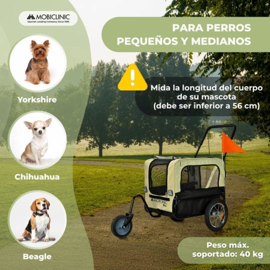 Remolque para perros y Carro de transporte | 2 x 1 | Cubierta impermeable | 40Kg | 600D Oxford | 123x67x100cm | Bark | Mobiclinic