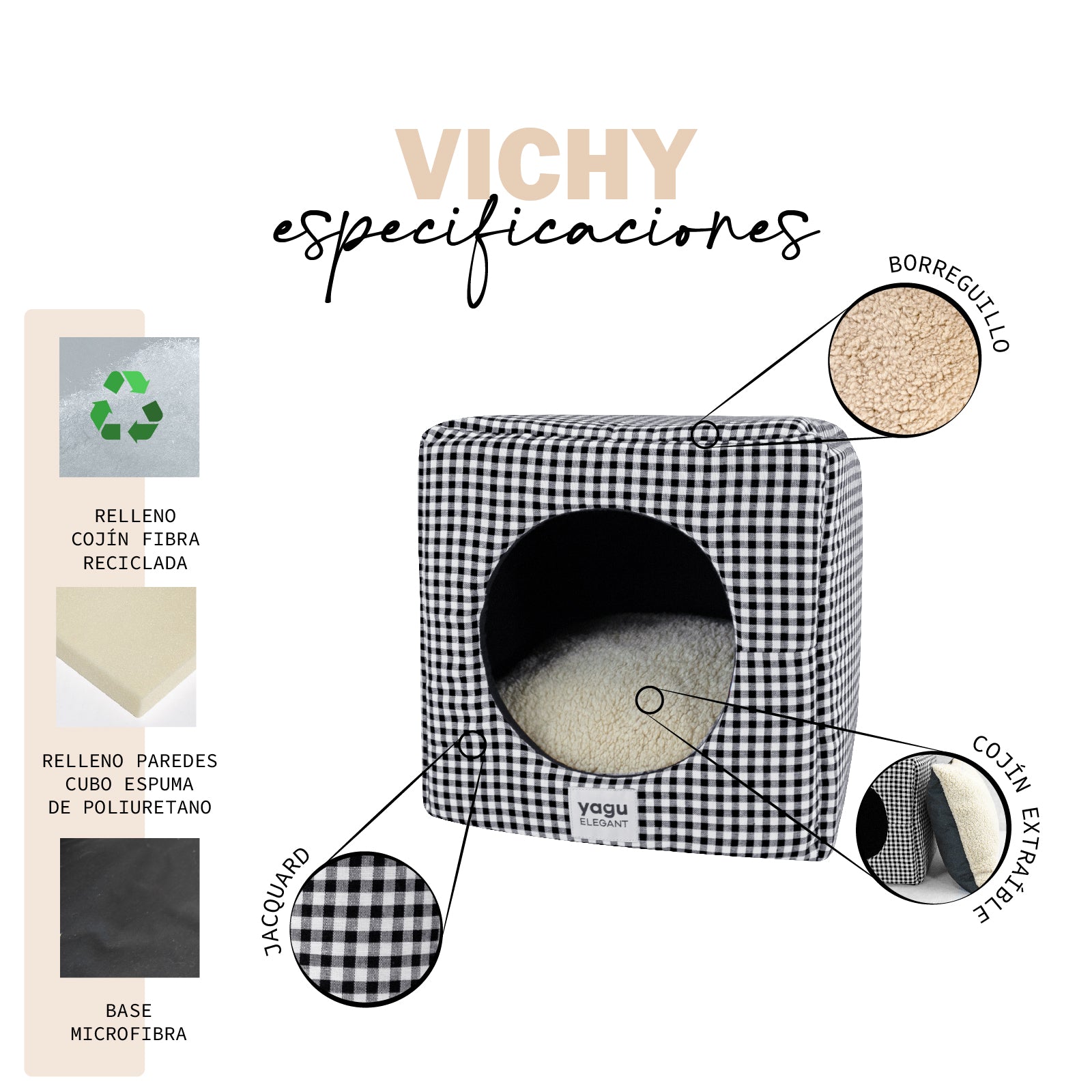 Yagu Descanso Cubo Compacto Vichy Negro Borreguillo