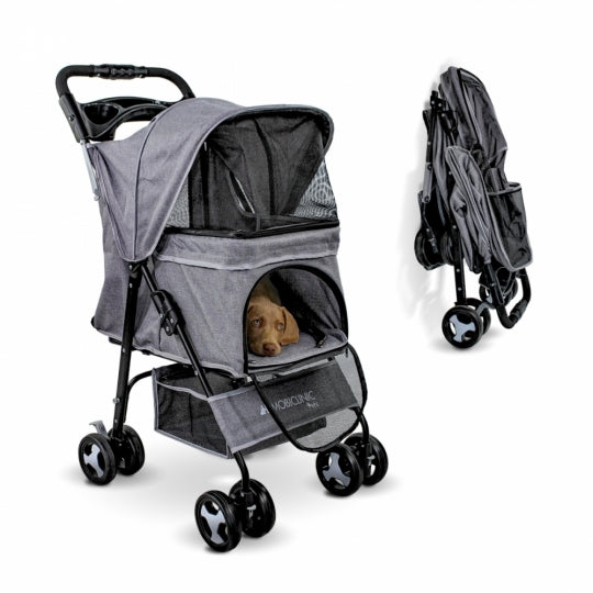 Carrito para perros | Plegable | Ruedas con freno y 360º | 3 accesos | Con toldo | Cesta almacenaje y portavasos | Gris | Zuma | Mobiclinic