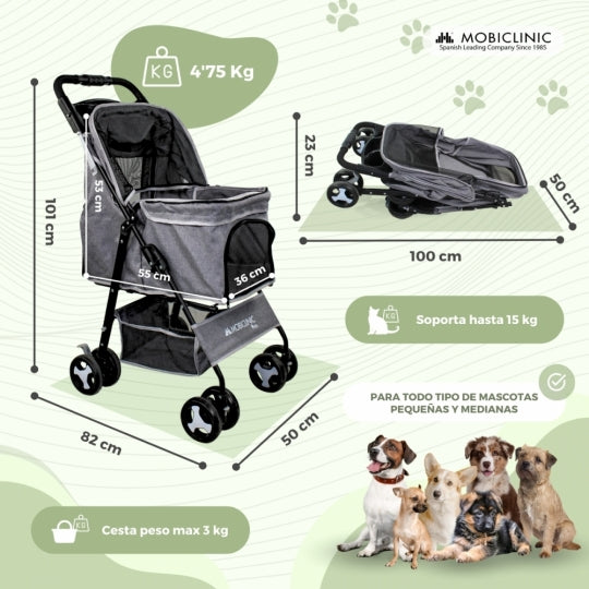 Carrito para perros | Plegable | Ruedas con freno y 360º | 3 accesos | Con toldo | Cesta almacenaje y portavasos | Gris | Zuma | Mobiclinic