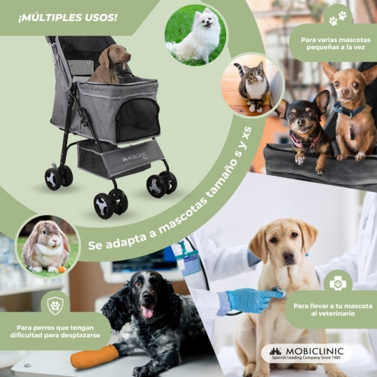 Carrito para perros | Plegable | Ruedas con freno y 360º | 3 accesos | Con toldo | Cesta almacenaje y portavasos | Gris | Zuma | Mobiclinic